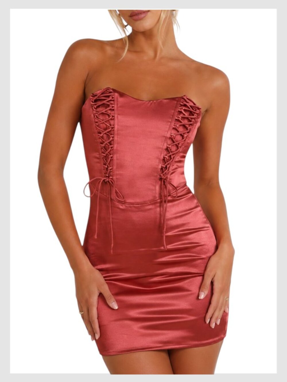 Lulu’s Strapless Satin Lace-Up Mini Dress Rusty Rose Size S